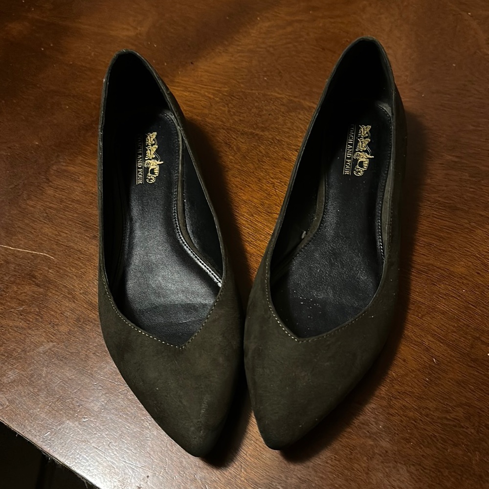 Olive green suede coach flats